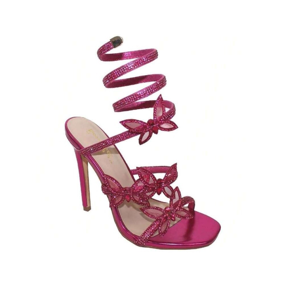 EUC Bonnibel Patricia-2 Fuchsia Rhinestone Butterfly Ankle Wrap Heels Womens 11